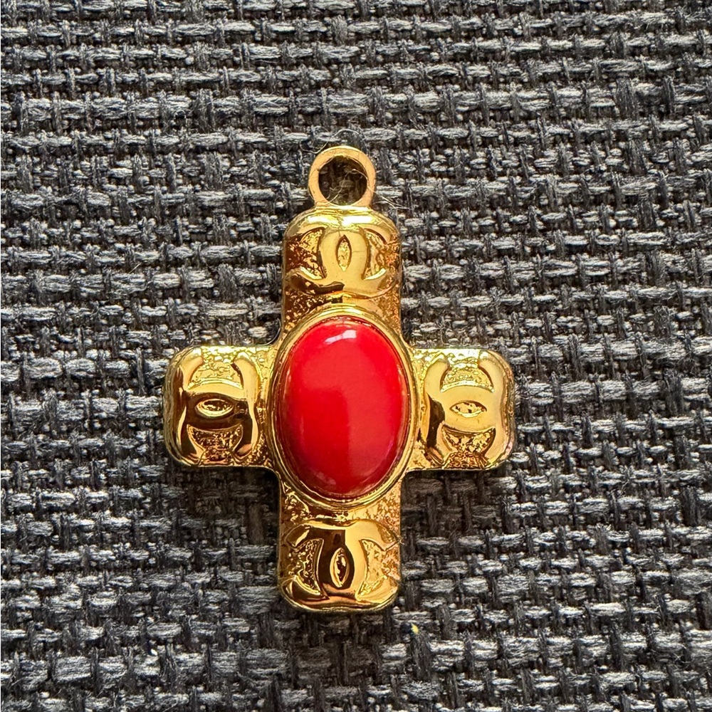 Authentic Gold and Red Cross stamped zipper pull Pendant